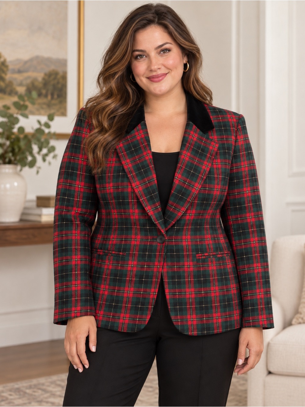 Sag Harbor Size 18 Green Red Tartan Plaid Velvet Collar Blazer Preppy Heritage